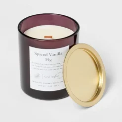 Clear Colored Glass With Woodwick And Brass Metal Inset Lid Spice Vanilla Fig Candle Purple - Threshold™ -Threshold Furnish Shop GUEST 851e53a4 1b0e 449b 92ac ac1f0d30a37e