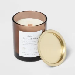 Clear Colored Glass With Woodwick And Brass Metal Inset Lid Acorn + Black Pine Candle Brown - Threshold™ -Threshold Furnish Shop GUEST e82cdb94 c293 4984 b5b6 1ca170680739